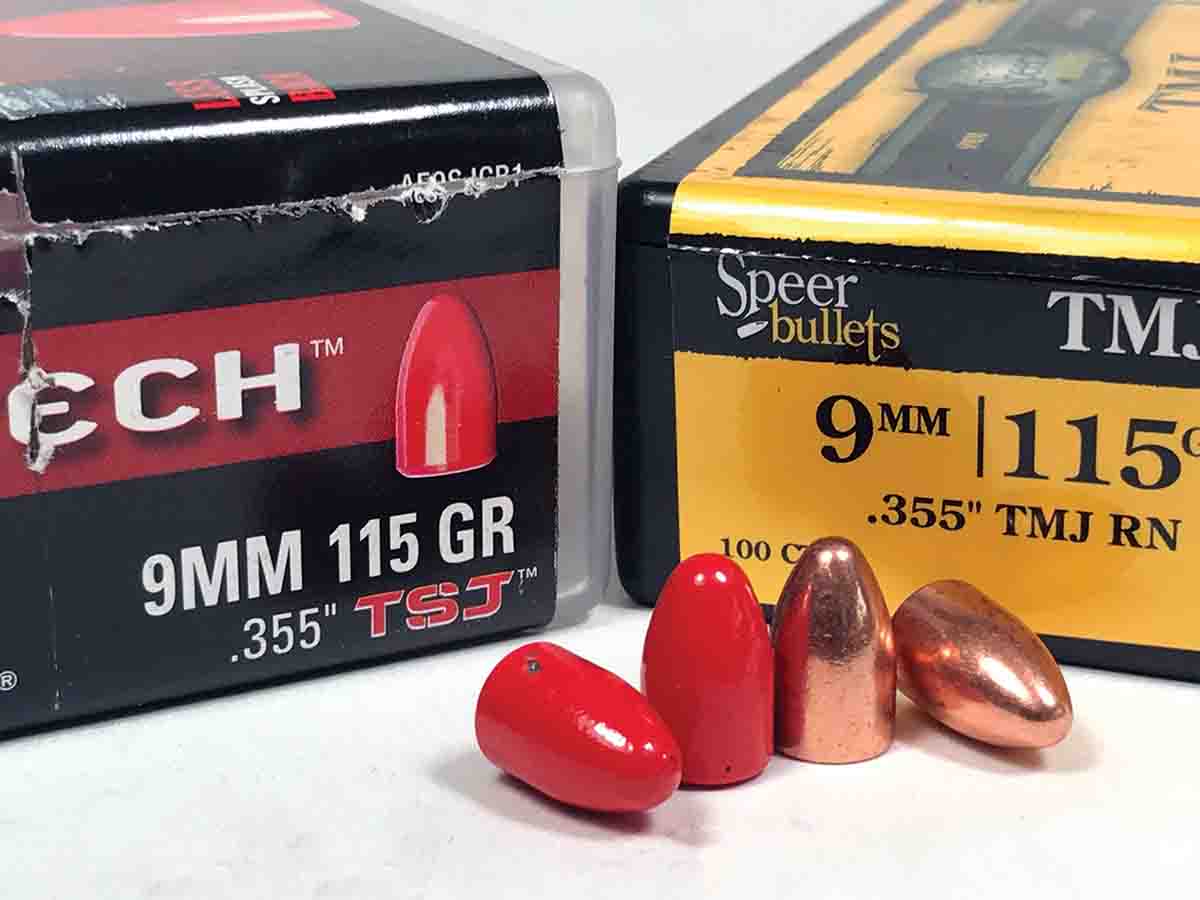Syntech bullets are similar in shape to Speer 115-grain TMJ bullets. Syntech bullets achieved slightly higher velocity than the Speer bullets with both bullets handloaded with the same powder charges.